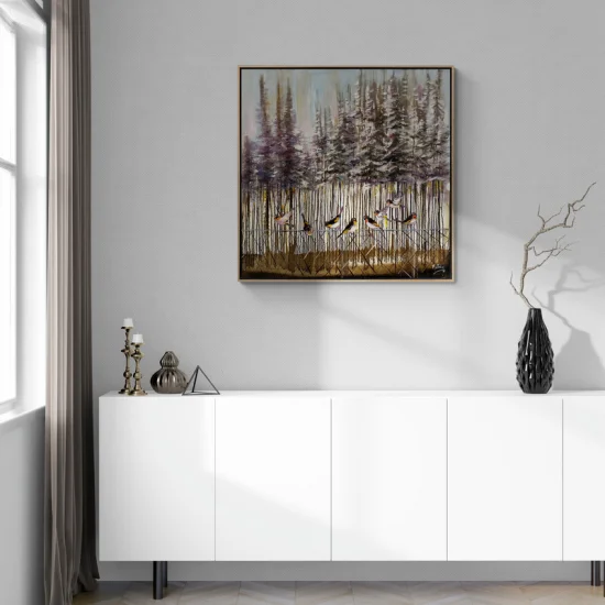 Karla Kaplı Ormanlarda Kuşlar Yağlı Boya Tablosu