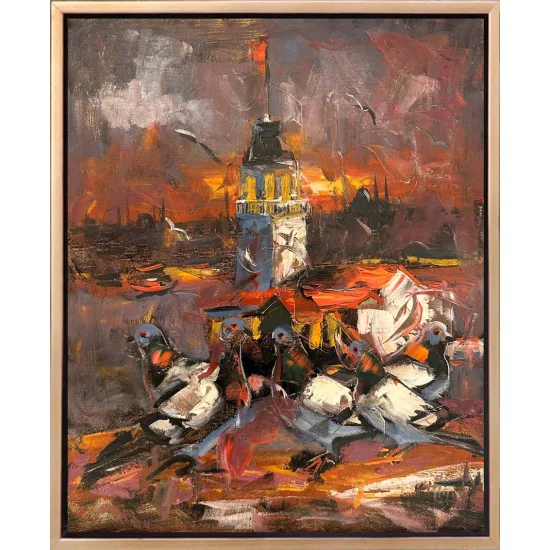 Kız Kulesi ve Kanatlı Dostları Yağlı Boya Tablosu