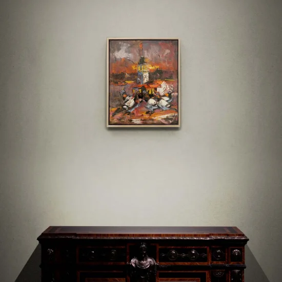 Kız Kulesi ve Kanatlı Dostları Yağlı Boya Tablosu