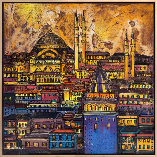 İstanbulun Kalbi Renkli Galata Yağlı Boya Tablosu