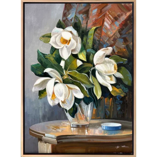 White Magnolias in a Vase Oil Painting