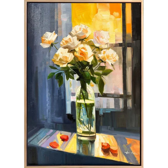 Oil Painting of Roses in Front of a Window