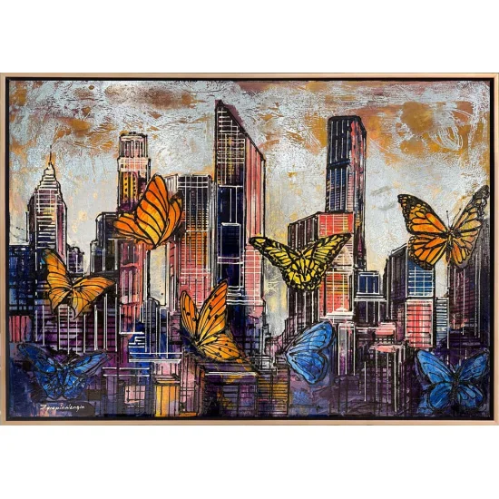 Renkli Kelebekler ve Şehir Yağlı Boya Tablosu