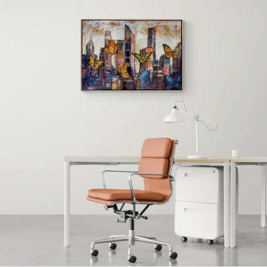 Renkli Kelebekler ve Şehir Yağlı Boya Tablosu