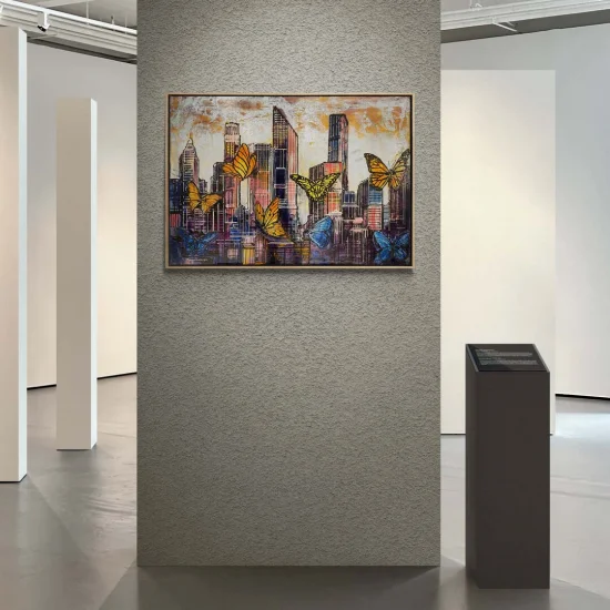 Renkli Kelebekler ve Şehir Yağlı Boya Tablosu