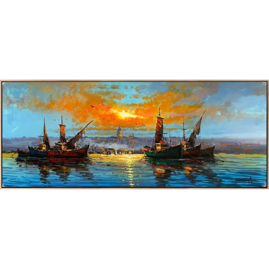 Galata Kulesinin Gölgesinde Tekneler Yağlı Boya Tablosu