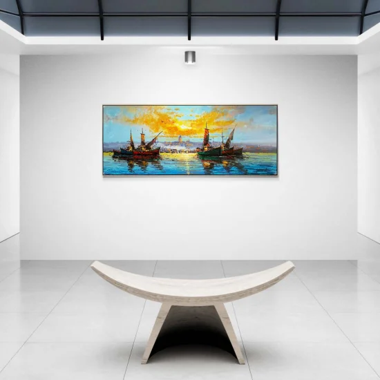 Galata Kulesinin Gölgesinde Tekneler Yağlı Boya Tablosu