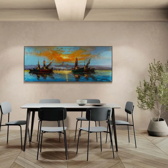 Galata Kulesinin Gölgesinde Tekneler Yağlı Boya Tablosu