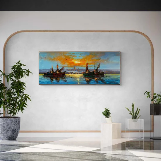 Galata Kulesinin Gölgesinde Tekneler Yağlı Boya Tablosu