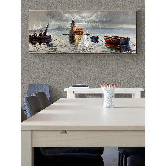 Kız Kulesi ve Teknelerin Duruşu Yağlı Boya Tablosu