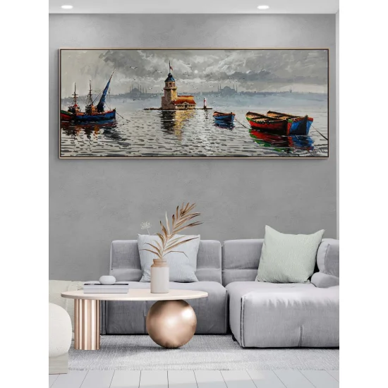 Kız Kulesi ve Teknelerin Duruşu Yağlı Boya Tablosu