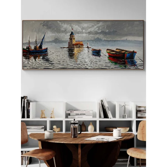 Kız Kulesi ve Teknelerin Duruşu Yağlı Boya Tablosu