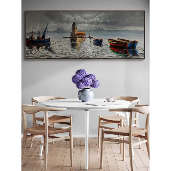 Kız Kulesi ve Teknelerin Duruşu Yağlı Boya Tablosu