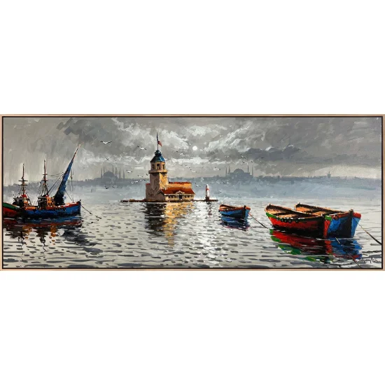 Kız Kulesi ve Teknelerin Duruşu Yağlı Boya Tablosu