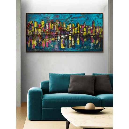 Şehir Silüeti ve Yansıma Yağlı Boya Tablosu