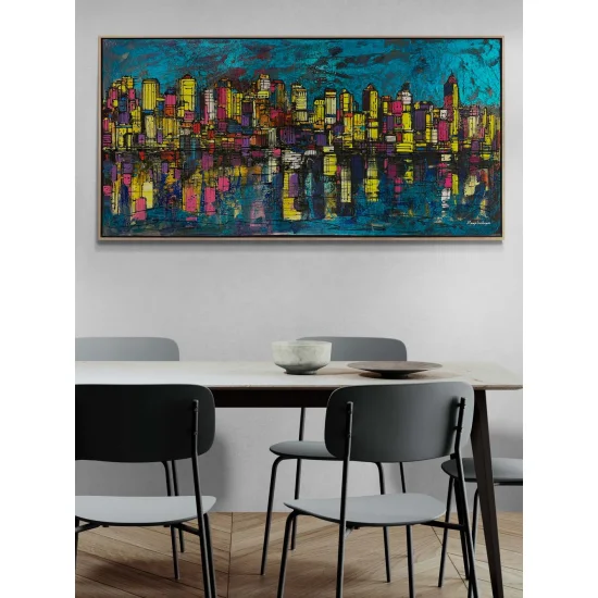Şehir Silüeti ve Yansıma Yağlı Boya Tablosu