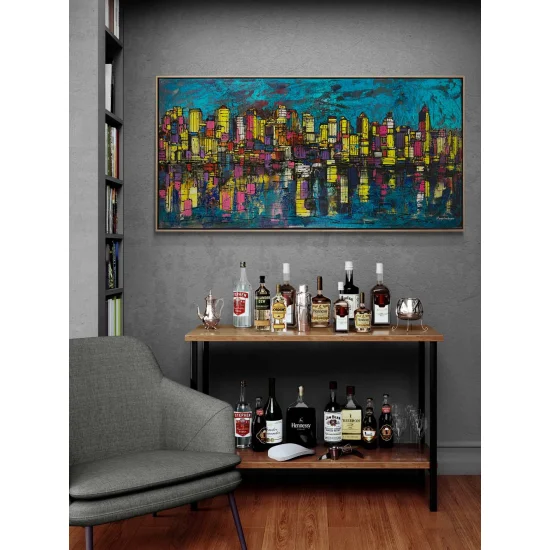 Şehir Silüeti ve Yansıma Yağlı Boya Tablosu