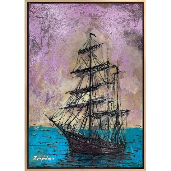 Parlak Deniz ve Gemi Yağlı Boya Tablosu