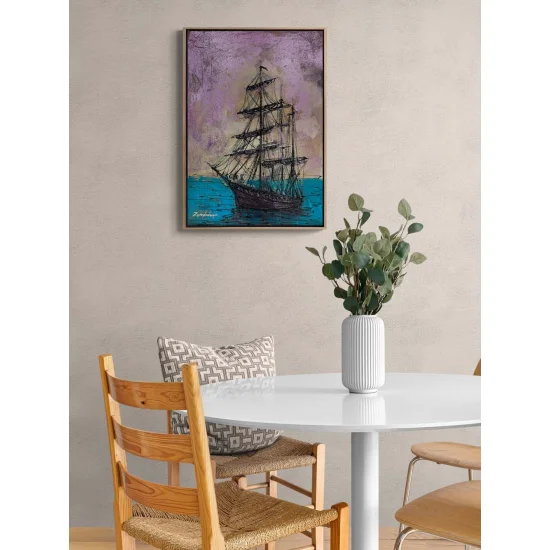 Parlak Deniz ve Gemi Yağlı Boya Tablosu