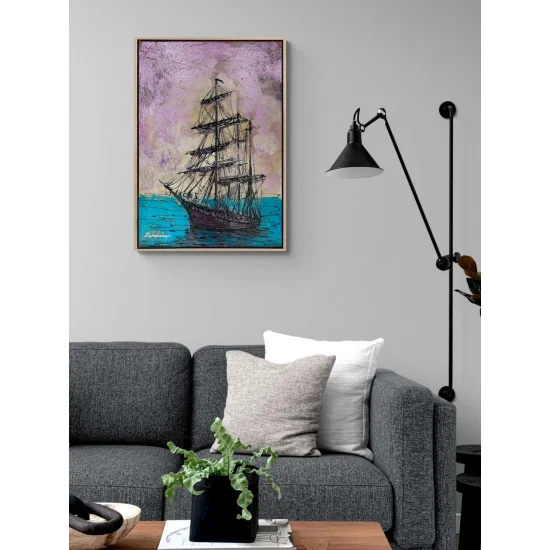 Parlak Deniz ve Gemi Yağlı Boya Tablosu