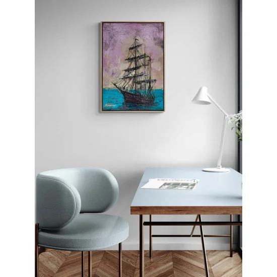 Parlak Deniz ve Gemi Yağlı Boya Tablosu