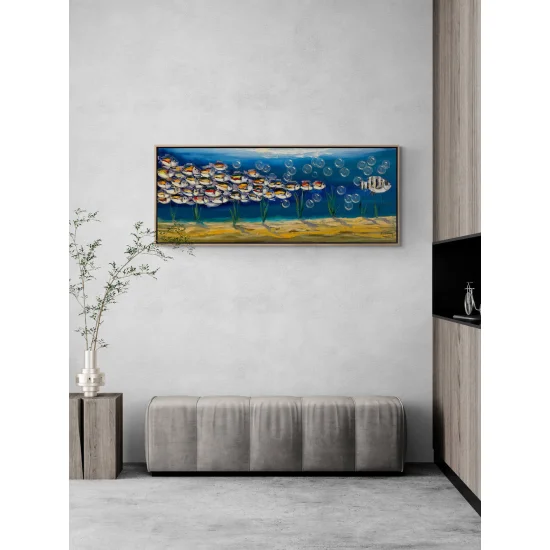 Mavi Derinliklerde Yüzen Balıklar Yağlı Boya Tablosu