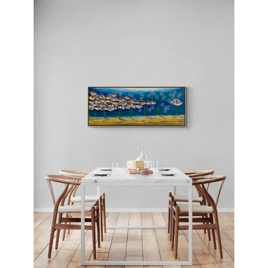 Mavi Derinliklerde Yüzen Balıklar Yağlı Boya Tablosu