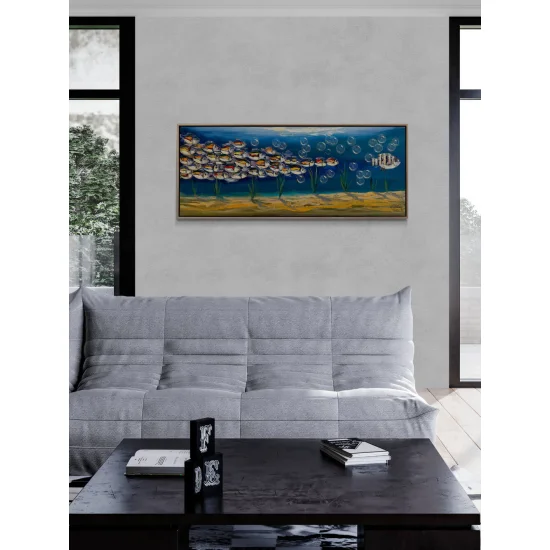 Mavi Derinliklerde Yüzen Balıklar Yağlı Boya Tablosu