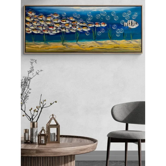 Mavi Derinliklerde Yüzen Balıklar Yağlı Boya Tablosu