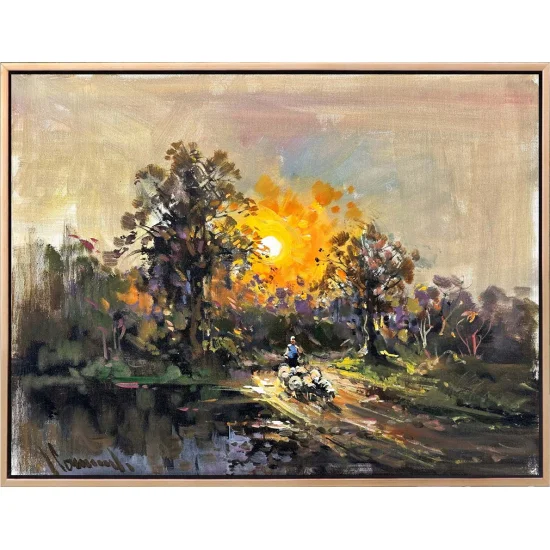 Gün Batımında Köy Yolu Yağlı Boya Tablosu