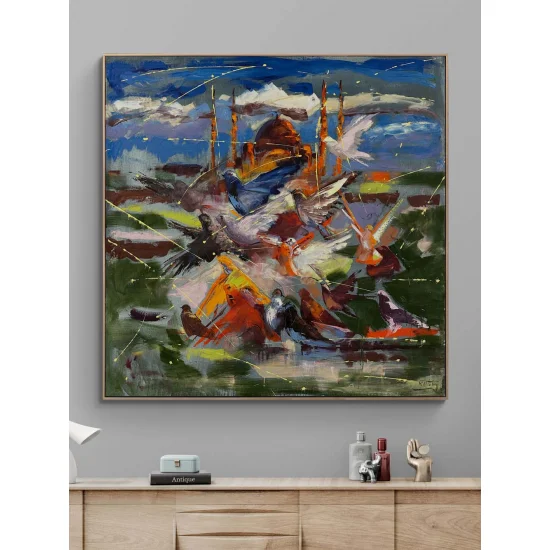 Camiye Doğru Kanatlar Yağlı Boya Tablosu