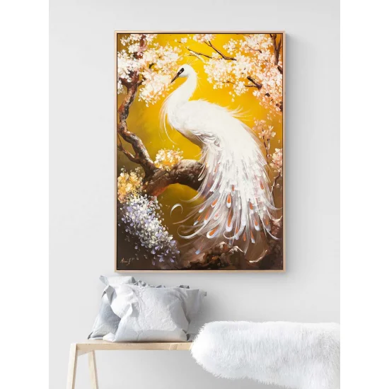 Beyaz Tavus Kuşu Yağlı Boya Tablosu