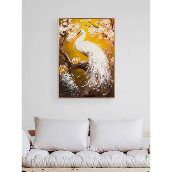 Beyaz Tavus Kuşu Yağlı Boya Tablosu