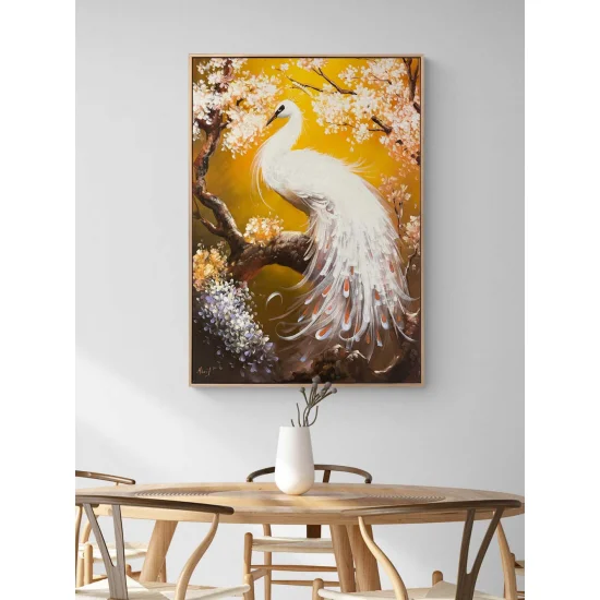 Beyaz Tavus Kuşu Yağlı Boya Tablosu