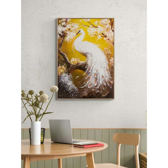 Beyaz Tavus Kuşu Yağlı Boya Tablosu