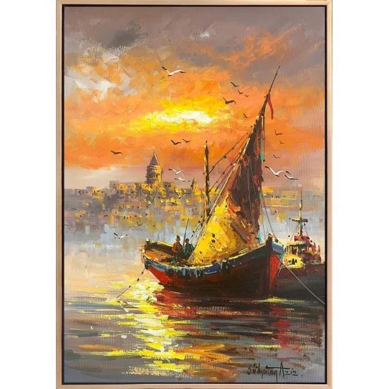 Boğazda Kayıklar Yağlı Boya Tablosu