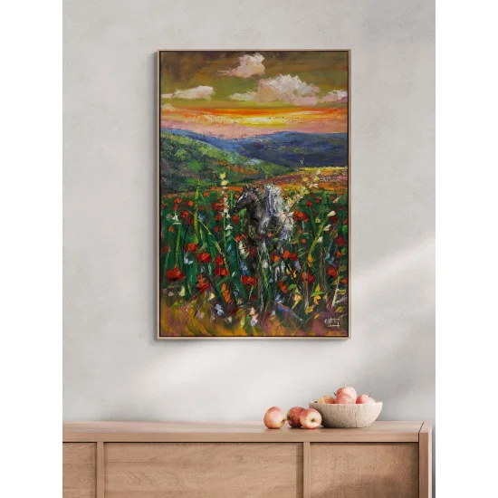 Kır Çiçekleri Arasında Atlar Yağlı Boya Tablosu