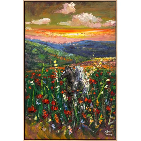 Kır Çiçekleri Arasında Atlar Yağlı Boya Tablosu