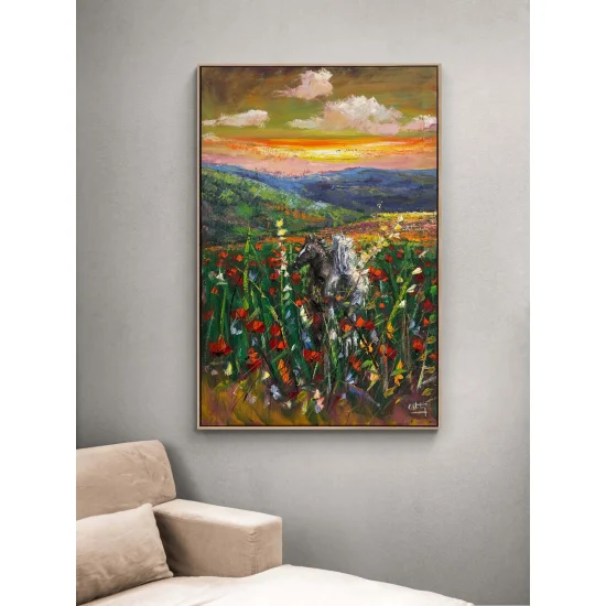 Kır Çiçekleri Arasında Atlar Yağlı Boya Tablosu