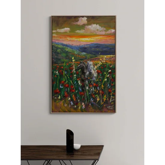 Kır Çiçekleri Arasında Atlar Yağlı Boya Tablosu