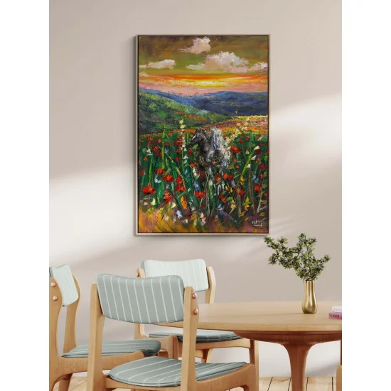 Kır Çiçekleri Arasında Atlar Yağlı Boya Tablosu