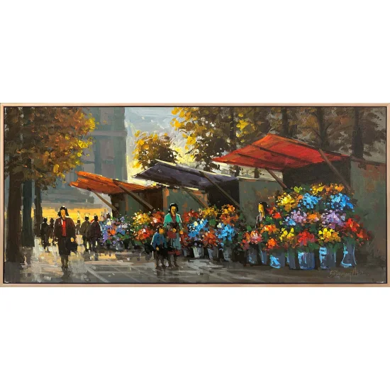 Çiçek Pazarında Bir Gün Yağlı Boya Tablosu
