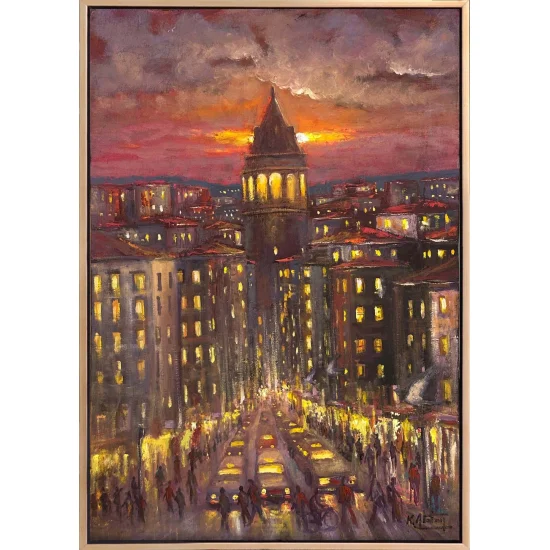 Galata Akşam Sokakları Yağlı Boya Tablosu