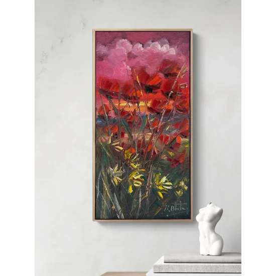 Gelincik Bahçesinde Günbatımı Yağlı Boya Tablosu