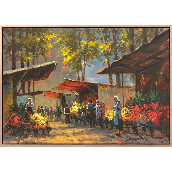 Çiçek Pazarında Gün Yağlı Boya Tablosu