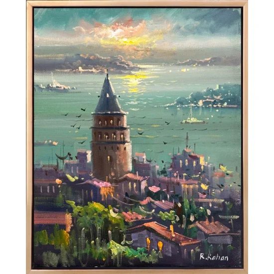 Galata Kulesinde Maviler Yağlı Boya Tablosu