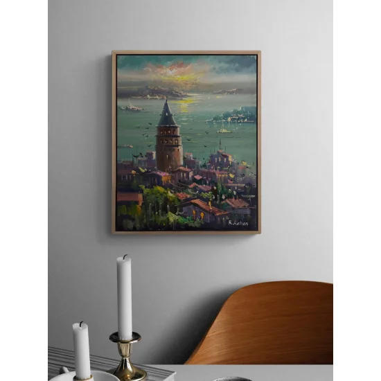 Galata Kulesinde Maviler Yağlı Boya Tablosu