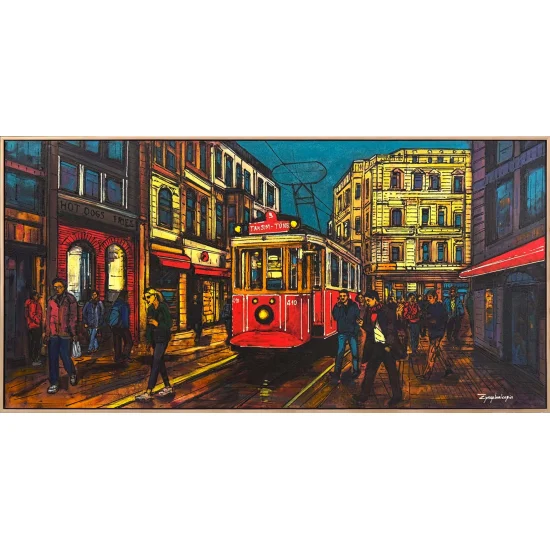 Kırmızı Tramvay ve Hatıralar Yağlı Boya Tablosu