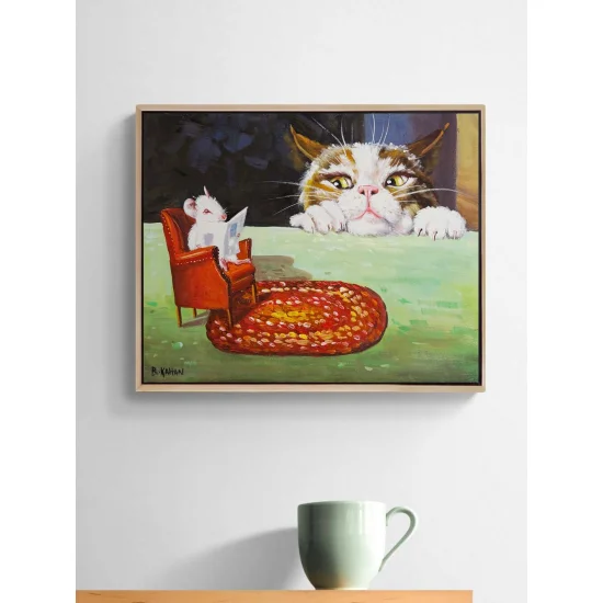 Okuyan Fare Bakan Kedi Yağlı Boya Tablosu