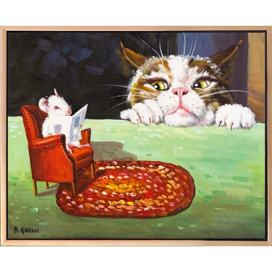 Okuyan Fare Bakan Kedi Yağlı Boya Tablosu